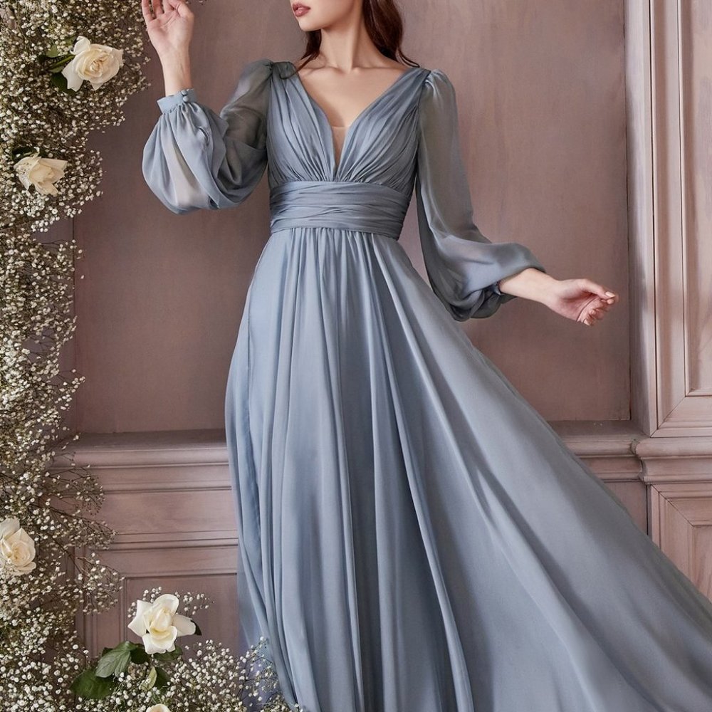 SMOKEY BLUE LONG SLEEVE CHIFFON PARTY MOTHER OF BRIDE EVENING PROM DRESS cd0192